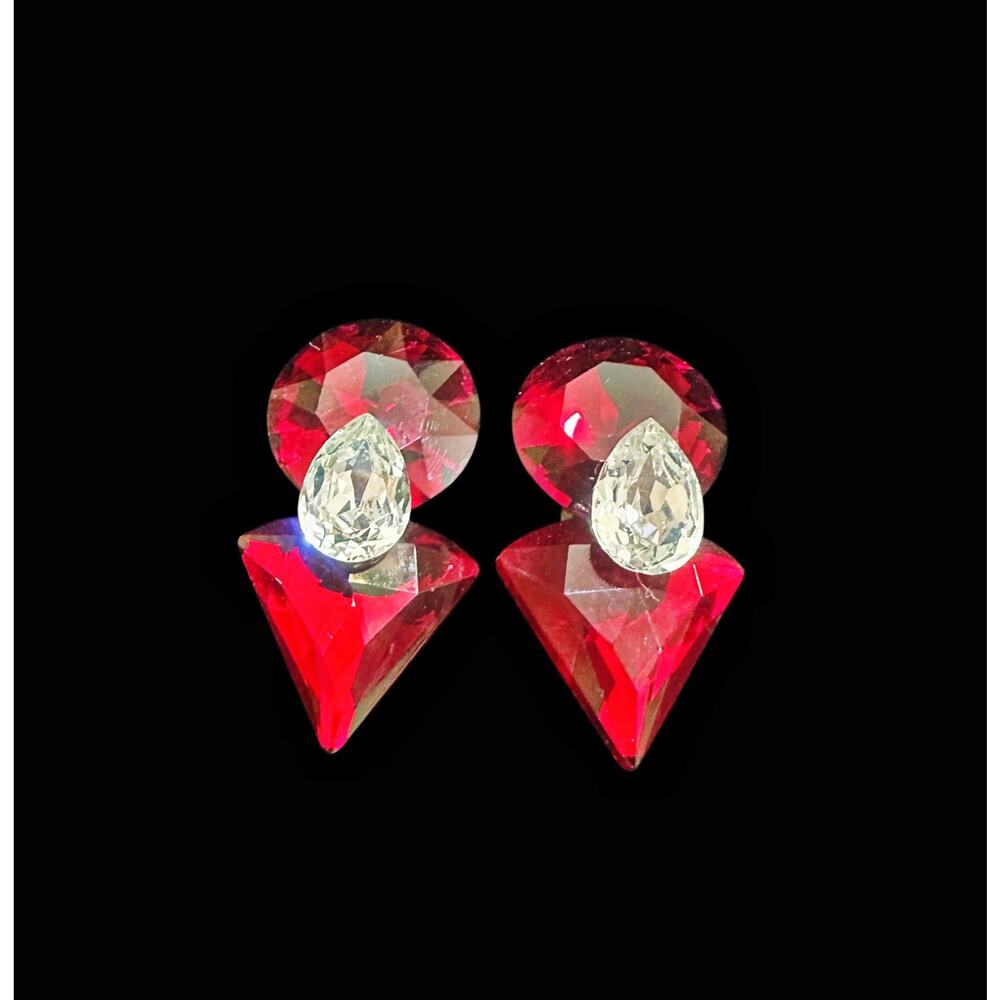 Wendy Gell Vintage Red Rhinestone Geometric Clip Earrings Crystal Statement